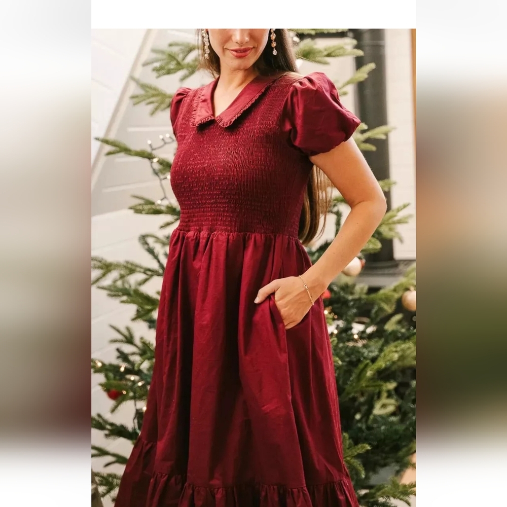 New W/Tags Ivy City Co Wine Red Smocked Addie Dress Large Holiday - Picture 2 of 11